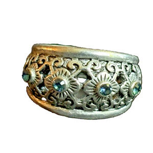 Vintage Sterling Silver & Topaz Statement Ring Floral Decor Openwork Size 8